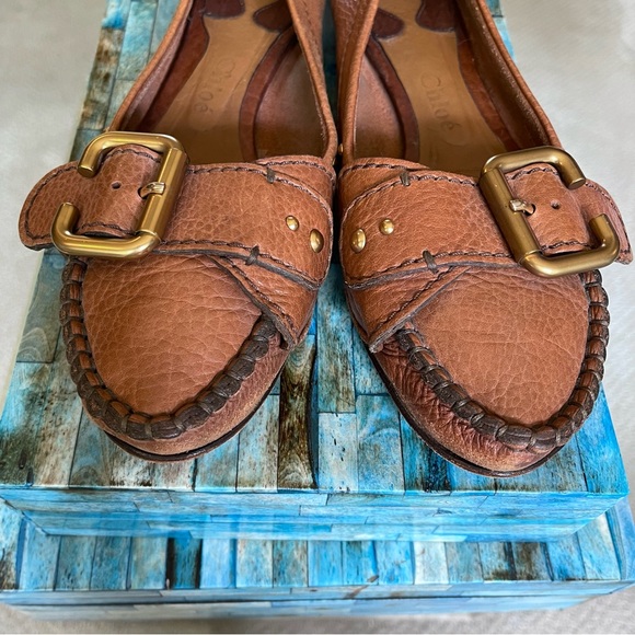 CHLOÉ | C-Buckle Cognac Leather Flat Moccasin Loafers | EU 38.5 / US 8.5 - Picture 4 of 11